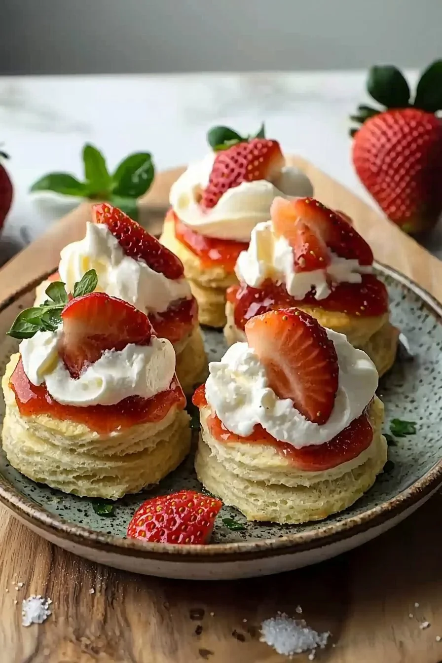 Leckere Ministrawberryshortcakes mit frischen Erdbeeren und Sahne