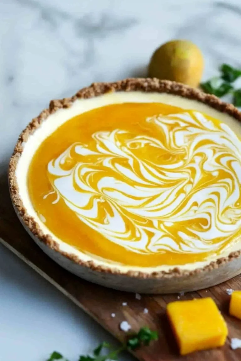 Leckerer No-Bake Mango-Käsekuchen mit frischen Mangostücken und Käsecreme.