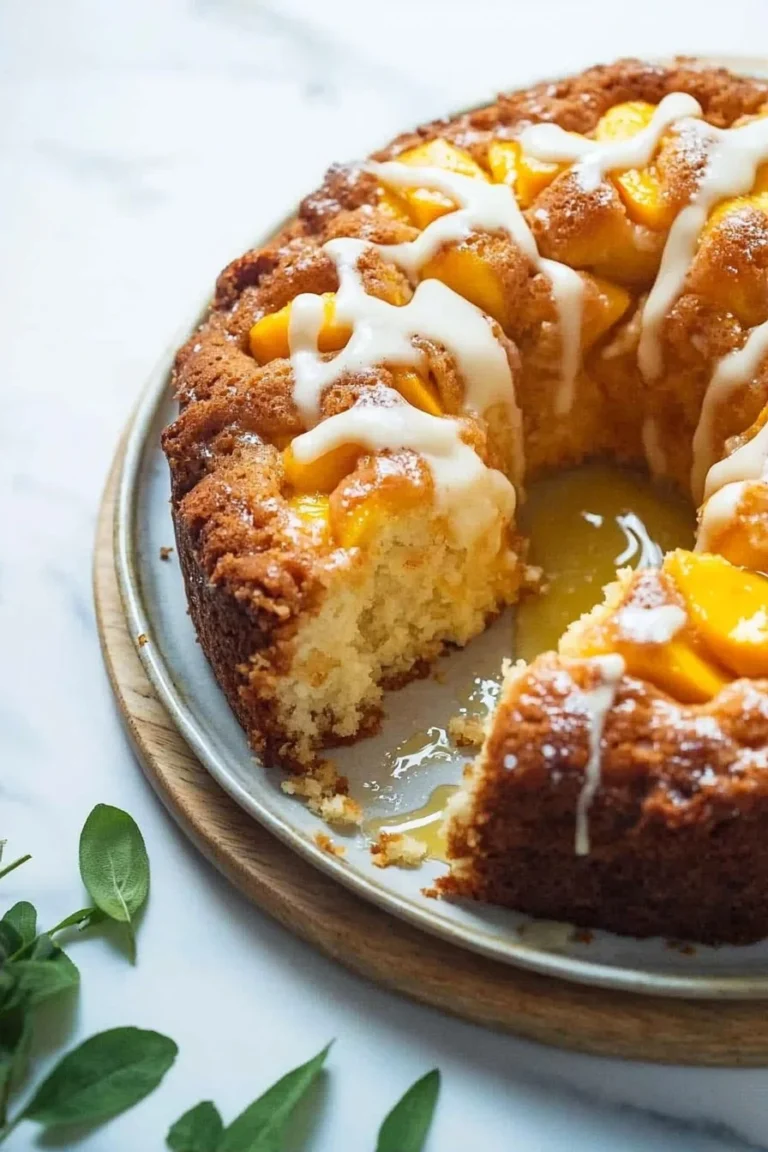 Köstlicher Pfirsich-Cobbler-Pfundkuchen mit frischen Pfirsichen und knusprigem Teig