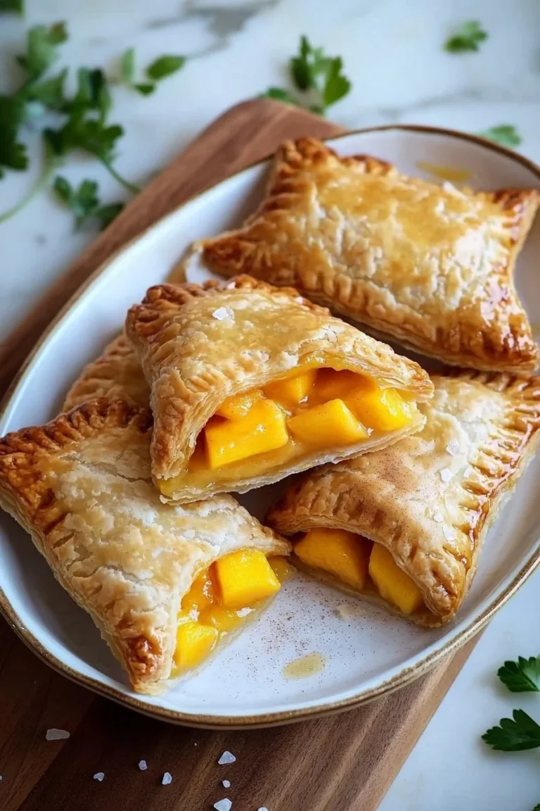 Leckerer Pfirsich-Mango-Taschenkuchen auf einem rustikalen Holztisch.