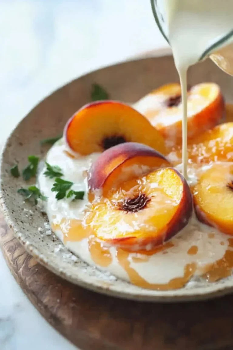 Pfirsiche mit Sahne: Frische Pfirsiche serviert mit cremiger Sahne als Dessert.