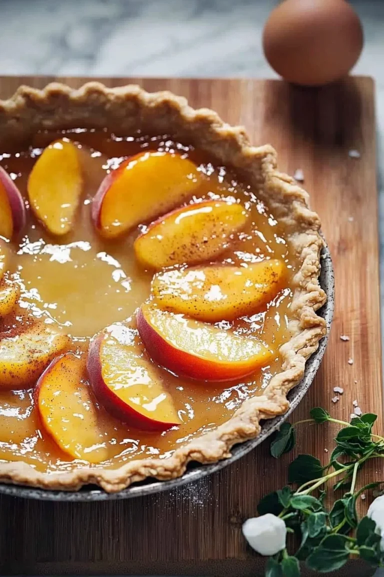 Leckerer Pfirsichtarte-Kuchen mit frischen Pfirsichen auf einem goldbraunen Boden.