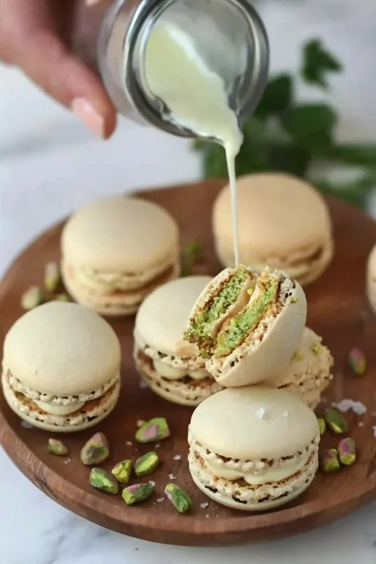 Leckere Pistazien-Macarons auf einem eleganten Teller dekoriert.