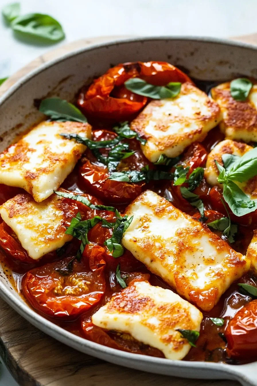 Rauchiger Tomaten-Halloumi-Auflauf mit frischen Zutaten und Käse überbacken