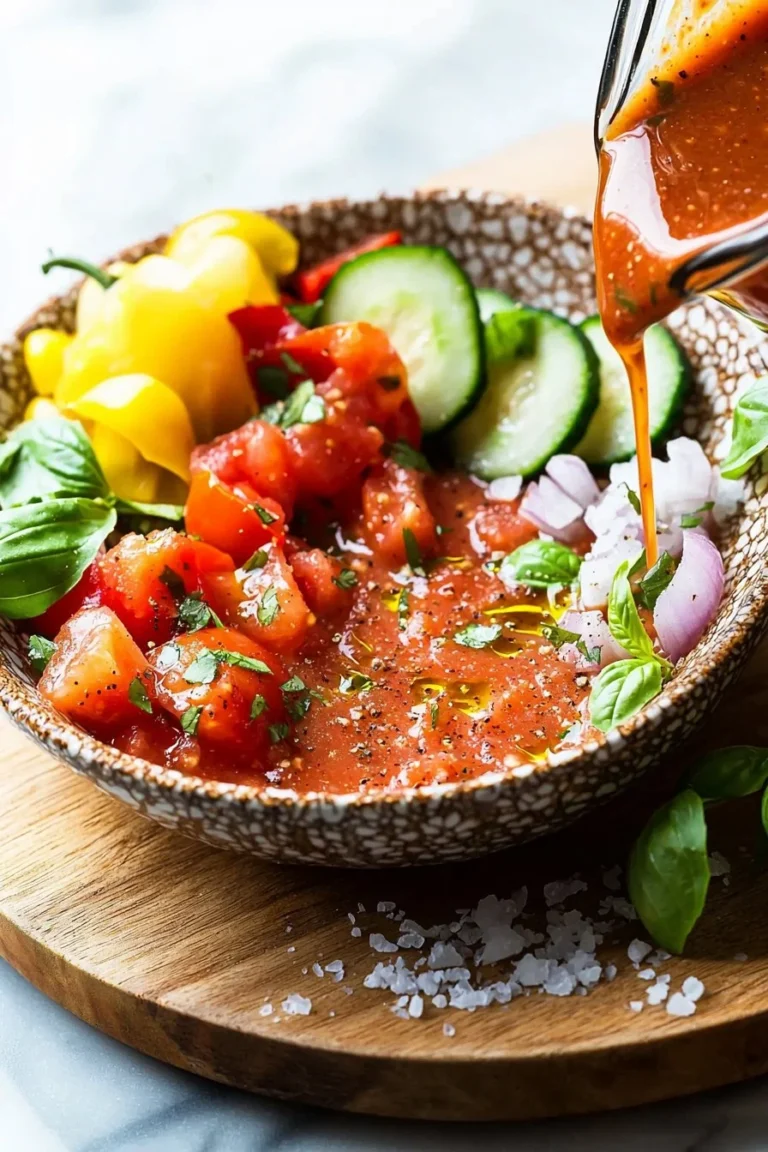 Eine Schüssel scharfes Tomaten-Gazpacho mit frischen Gemüseeinlagen.