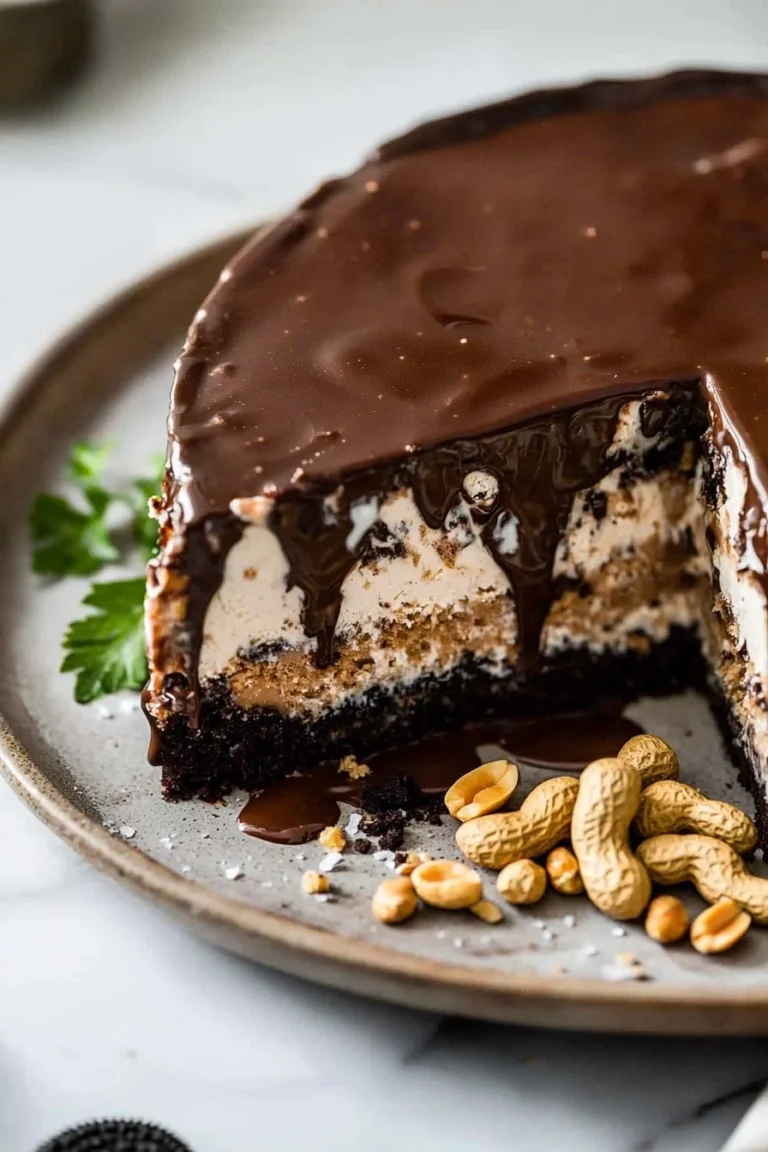 Schokoladen-Fudge-Erdnussbutter-Eiscreme-Kuchen auf einem Teller