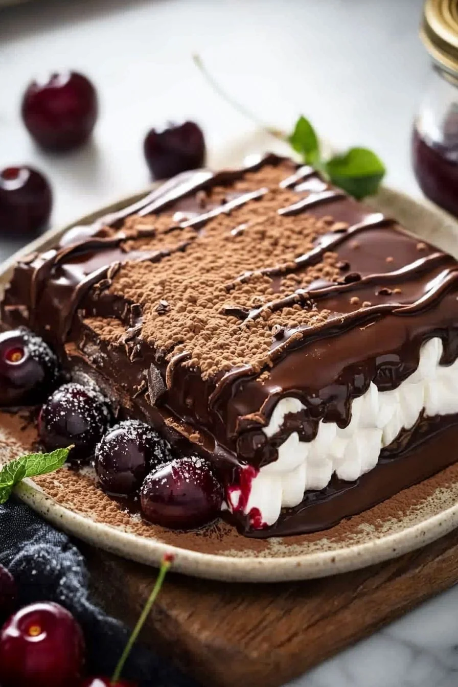 Schokoladen-Kirsch-Creme-Dessert auf einem Teller mit frischen Kirschen