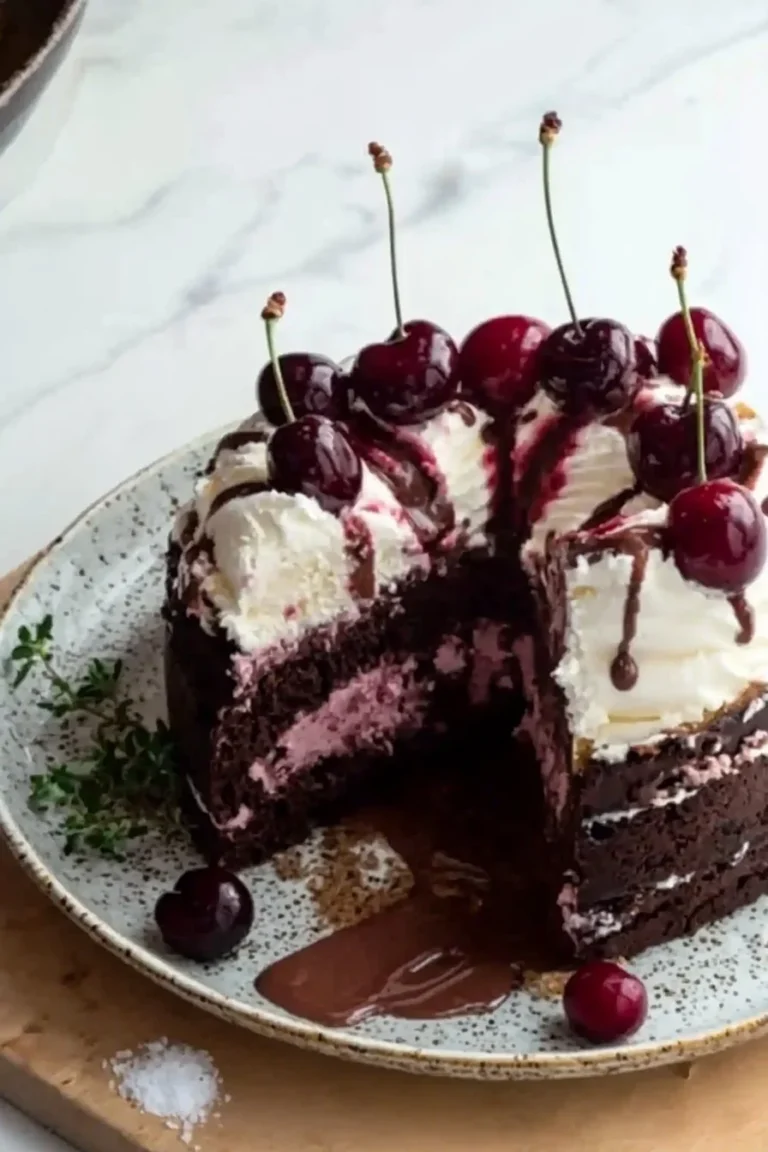 Schokoladen-Kirsch-Eis-Kuchen mit schokoladiger Glasur und Kirschstückchen