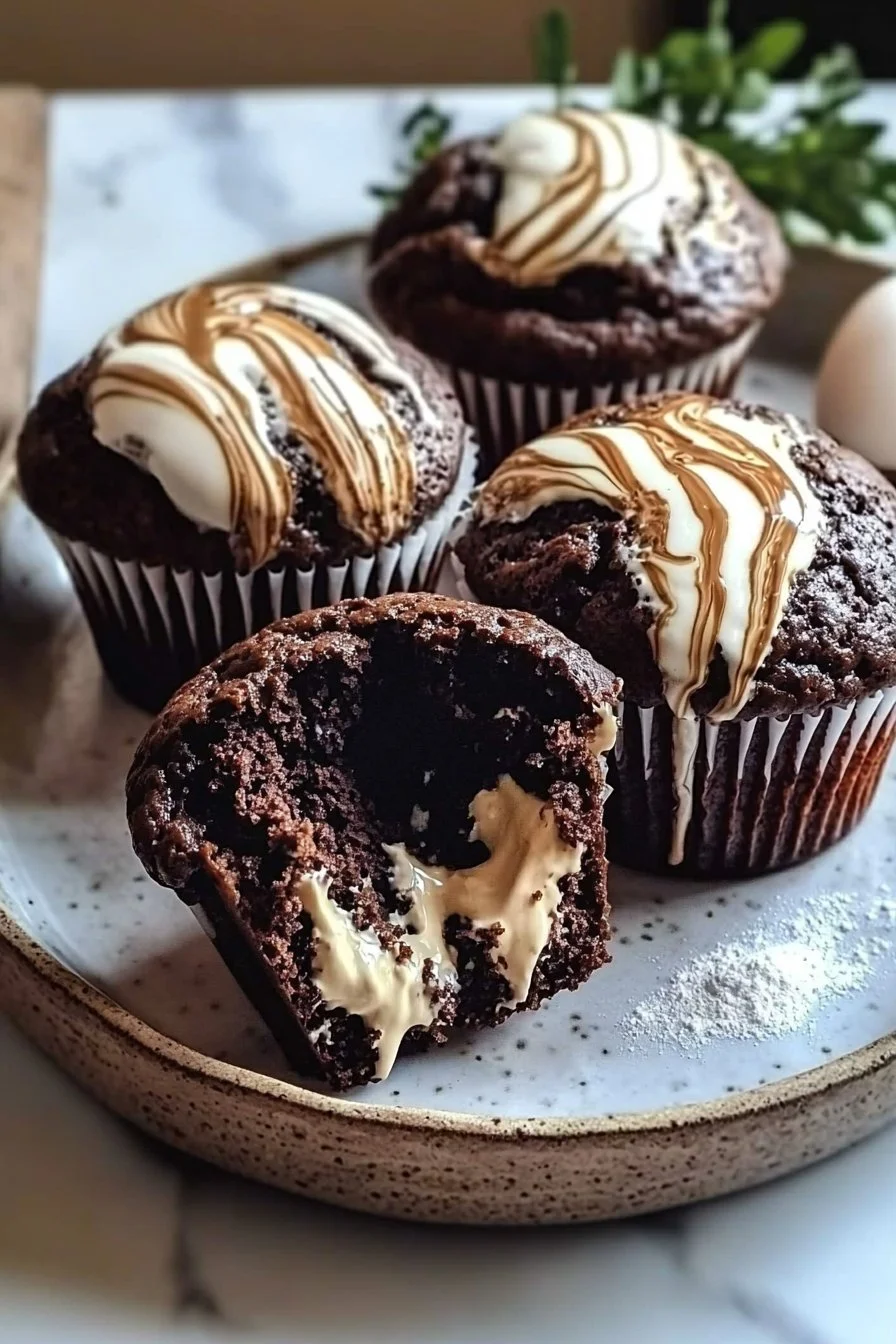 Schokoladenkaffee-Creme-Muffins auf einem Teller mit Kaffeetasse