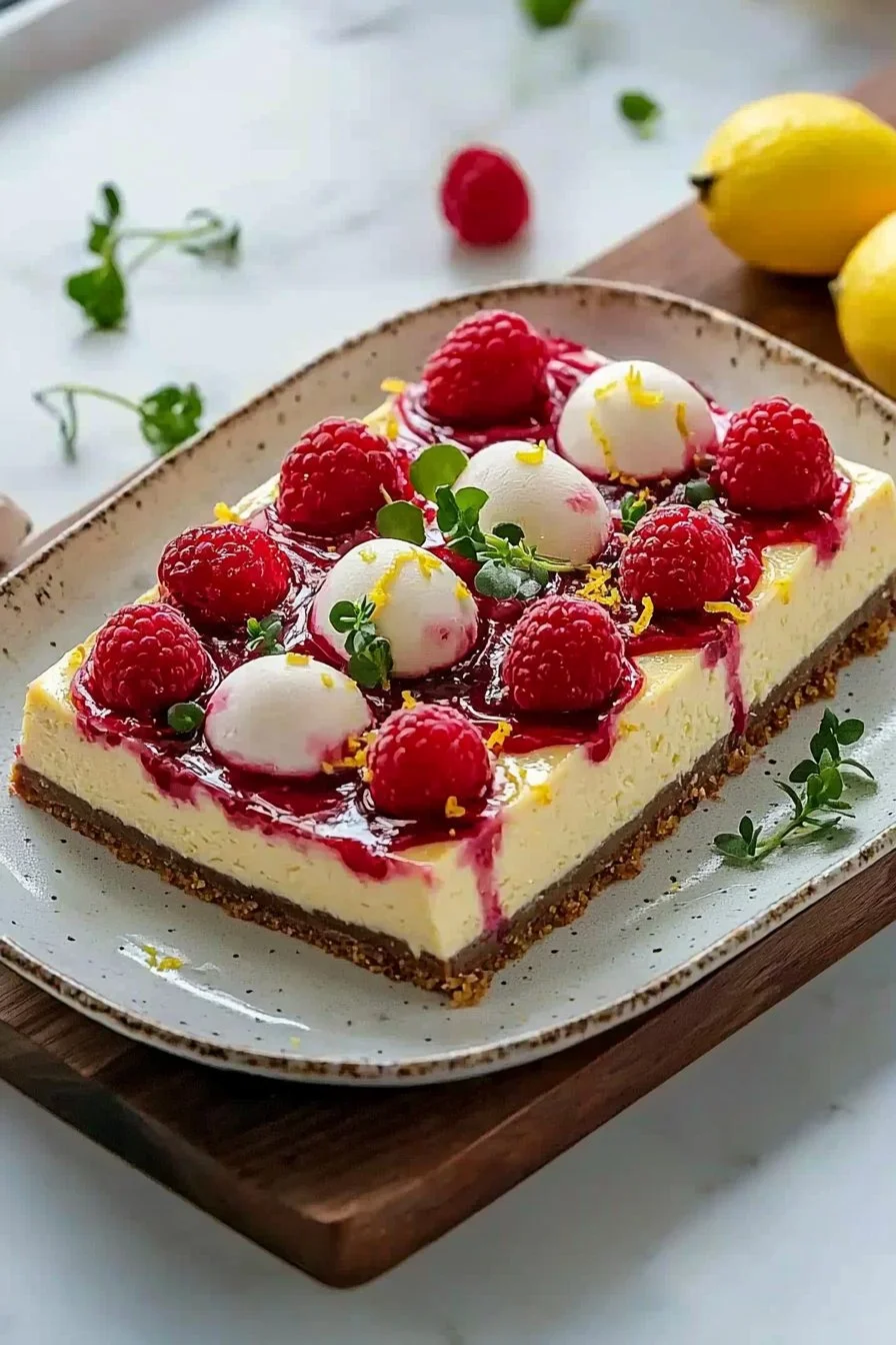 Selbstgemachter Himbeer-Zitronen-Käsekuchen mit frischen Beeren und Zitronen