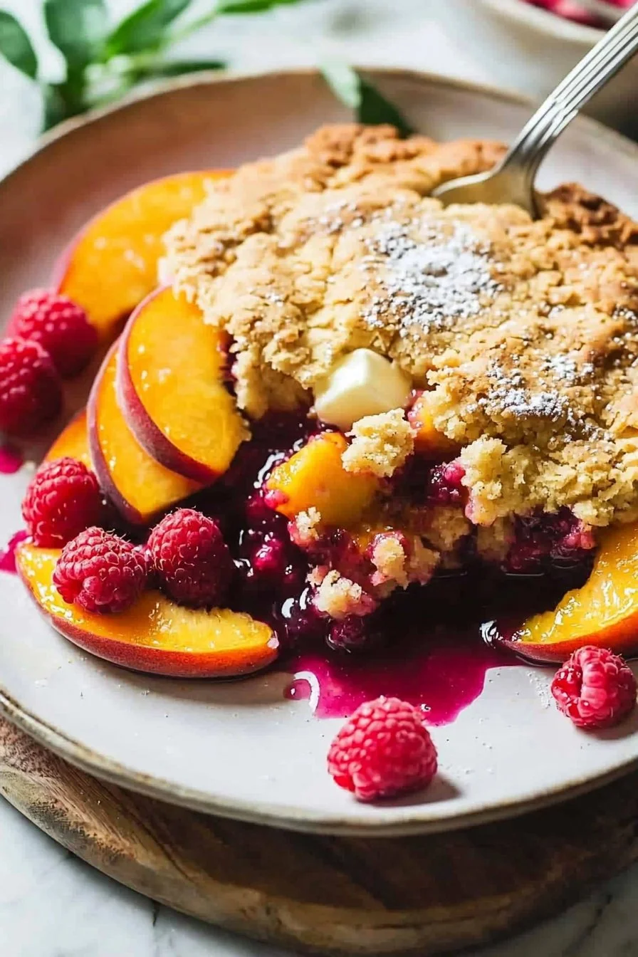 Ein köstlicher Peach Raspberry Cobbler frisch aus dem Ofen