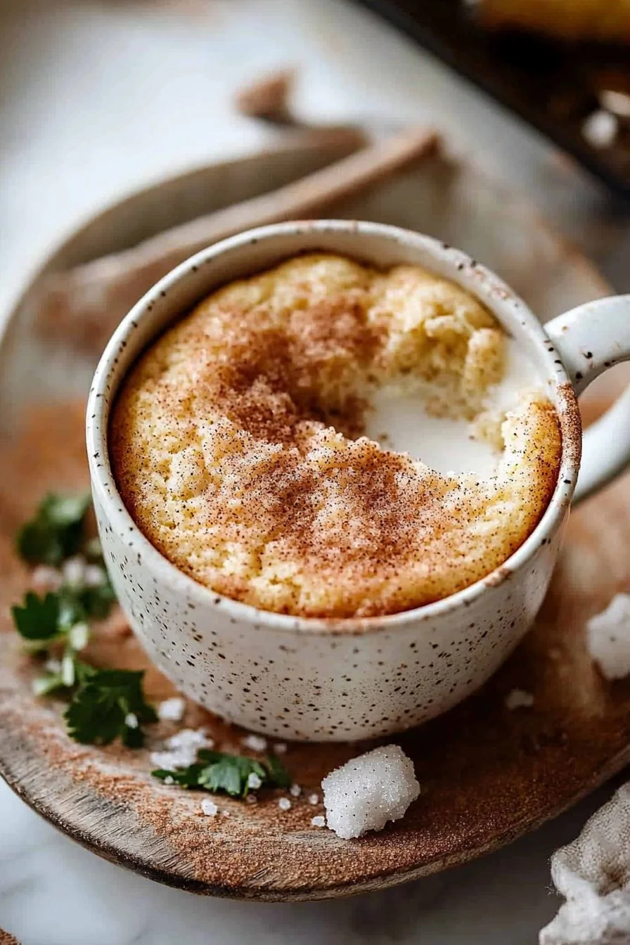Leckerer Snickerdoodle Tassenkuchen in einer Tasse serviert.