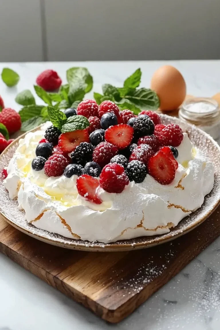 Ein köstlicher Sommerbeeren Pavlova mit frischen Früchten und Sahne.