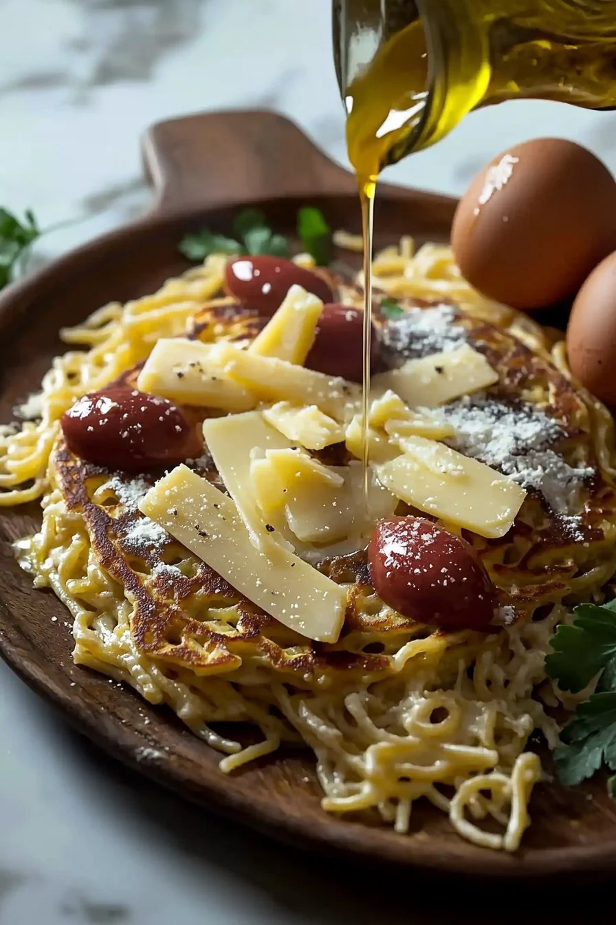 Leckere Spaghetti-Pfannkuchen auf einem Teller serviert.