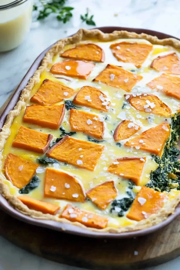Süßkartoffel-Spinat-Quiche auf einem Teller, dekoriert mit frischen Kräutern.