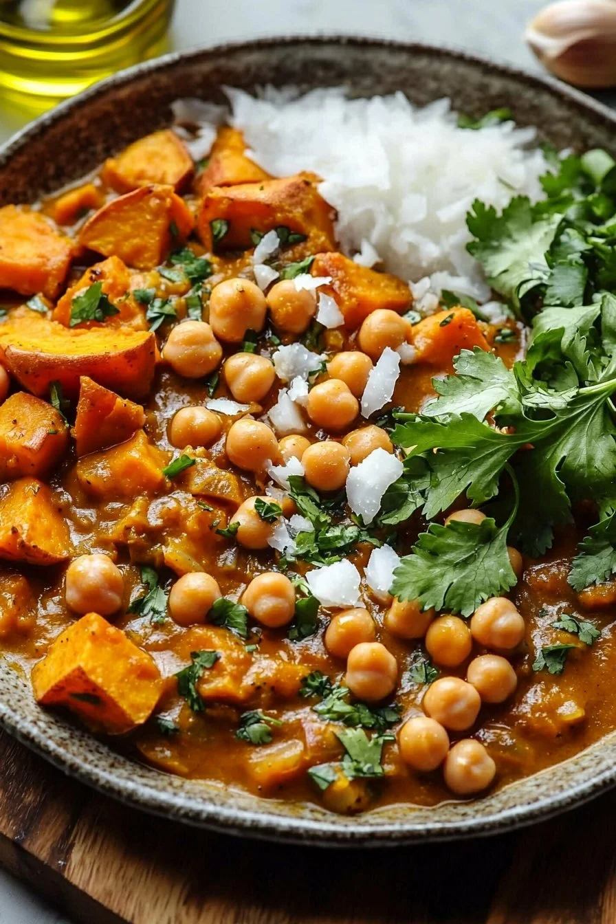 Sweet Potato und Kichererbsen Curry in einer Schüssel serviert.