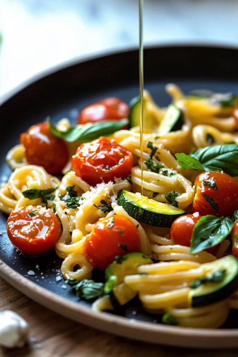 Leckere Tomaten-Zucchini-Pasta in einer Schüssel serviert