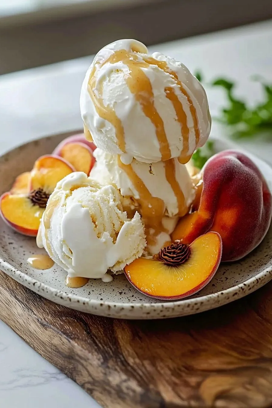 Hausgemachtes, cremiges Pfirsich-Eis mit frischen Pfirsichen serviert.