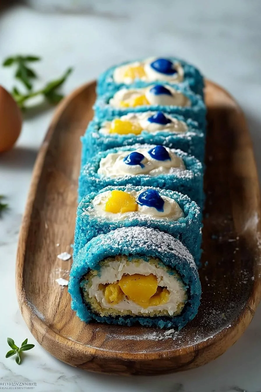 Tropische Blaue Kuchenrolle mit fruchtigen Toppings und buntem Design.