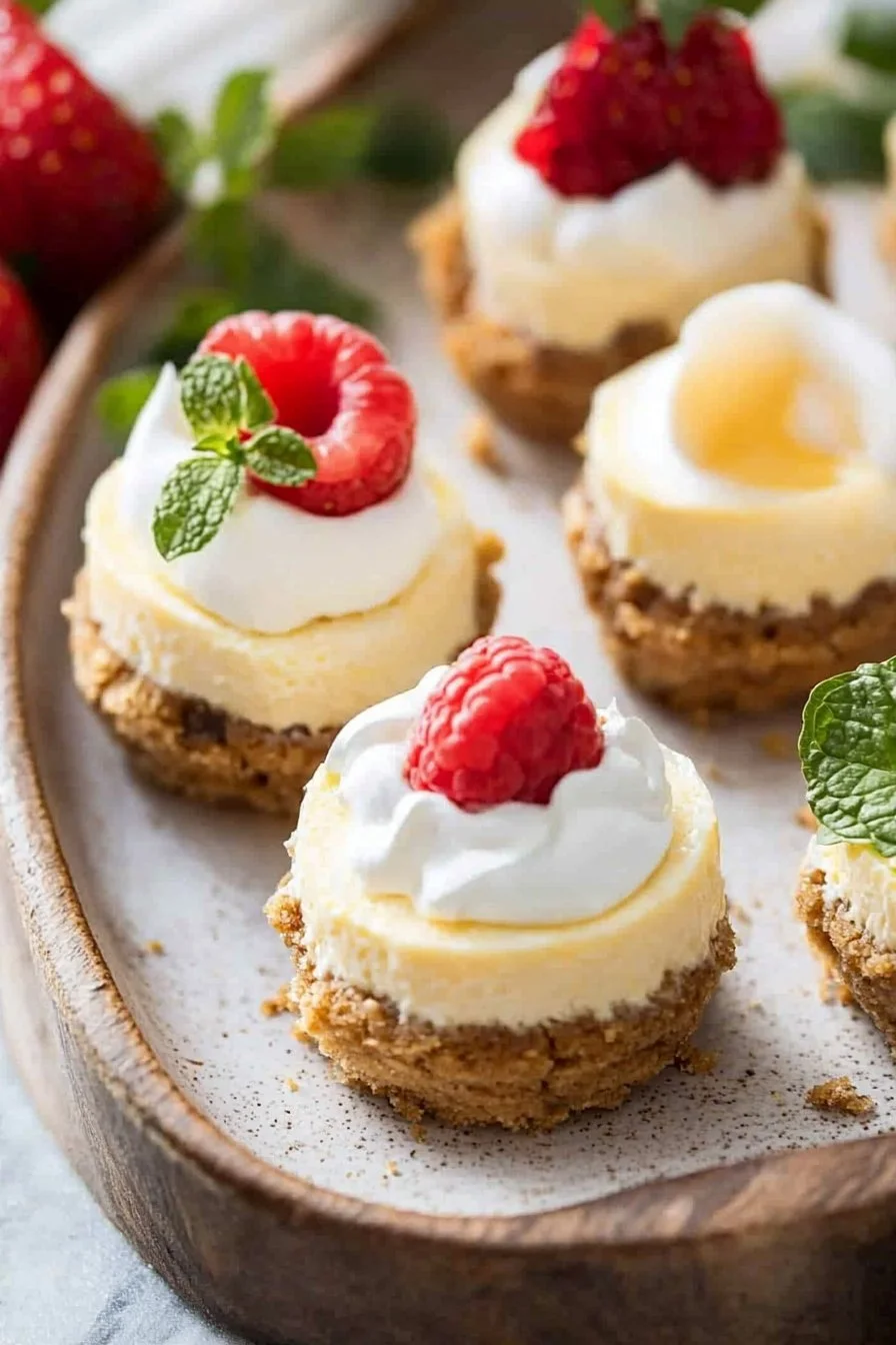 Ultimativer Mini-Käsekuchen auf einem Teller serviert, dekoriert mit frischen Früchten