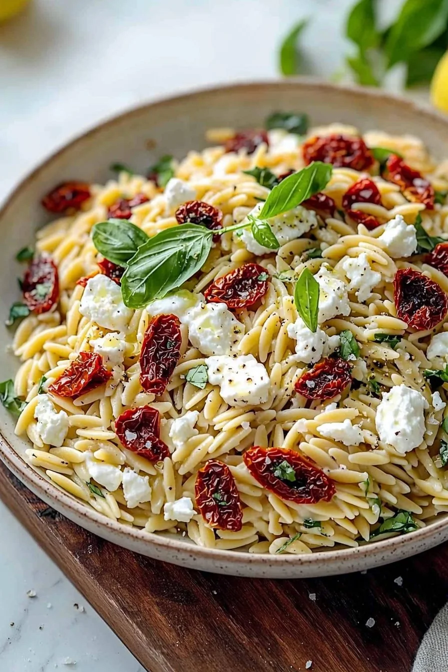Ultimativer Orzo-Pasta-Salat mit Feta und getrockneten Tomaten auf einem Teller.