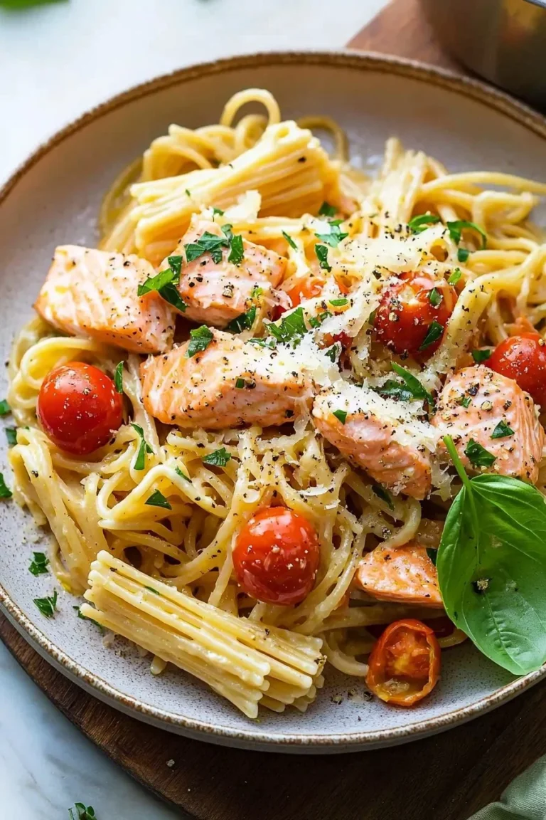 Leckere Lachs-Pasta ohne Sahne, serviert mit frischen Zutaten.