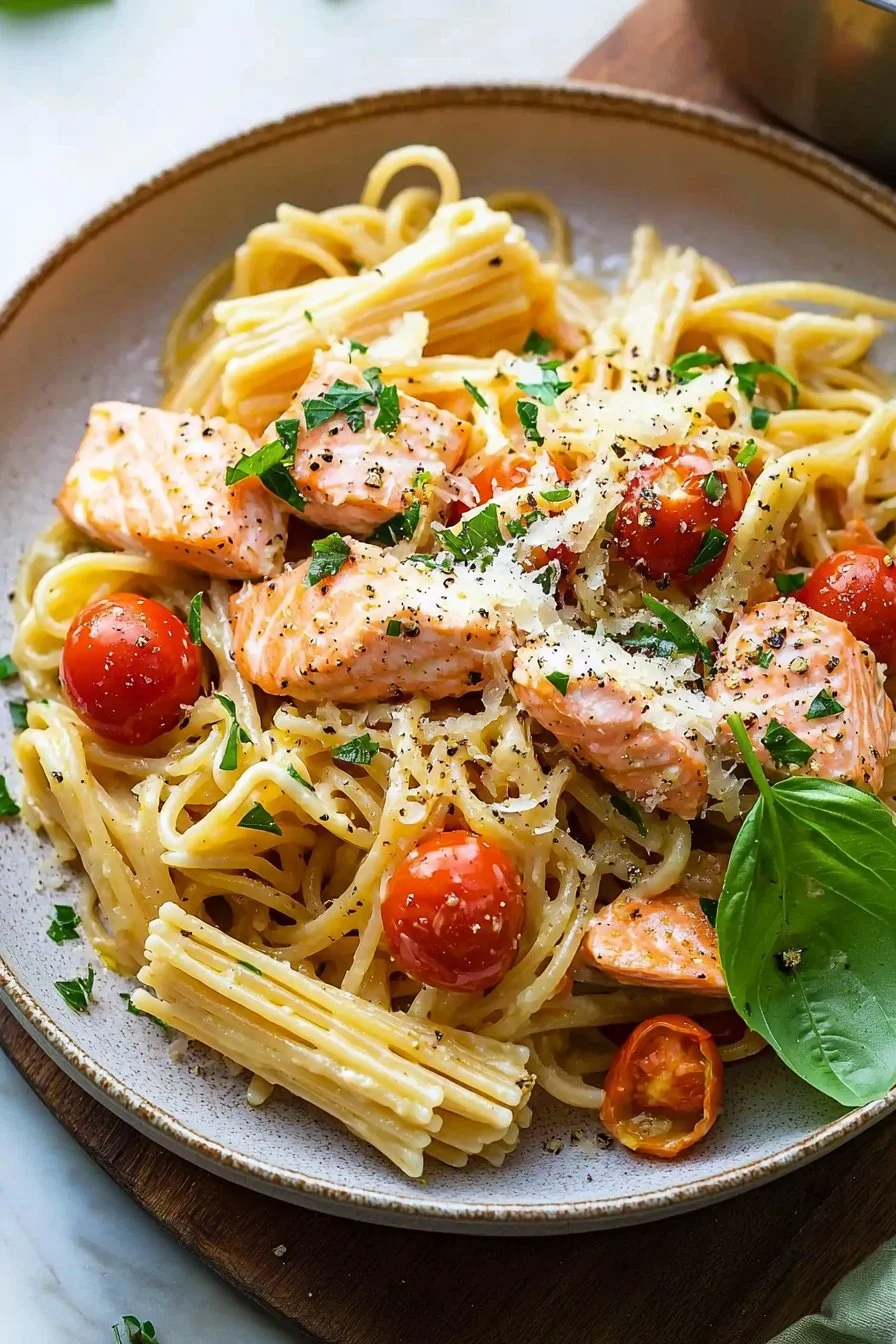 Leckere Lachs-Pasta ohne Sahne, serviert mit frischen Zutaten.
