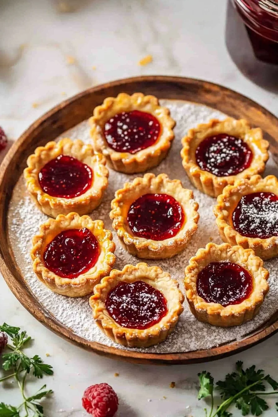 Vegane Marmeladentörtchen auf einem weißen Teller mit frischen Früchten