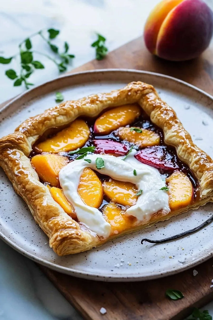 Vegane Pfirsich- und Sahne-Blätterteig-Tarte