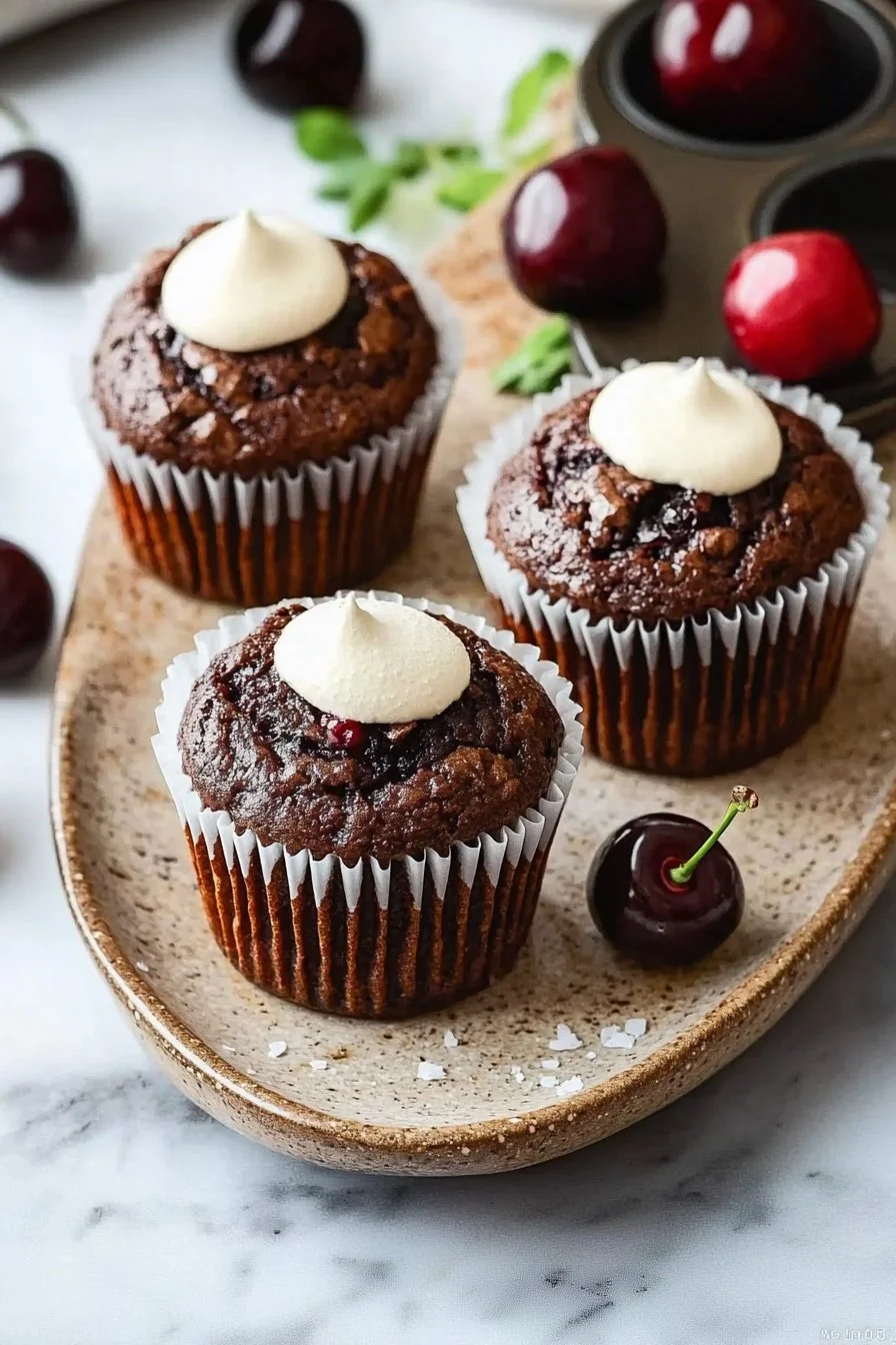 Vegane Schokoladenkirschen-Muffins auf einem weißen Teller serviert