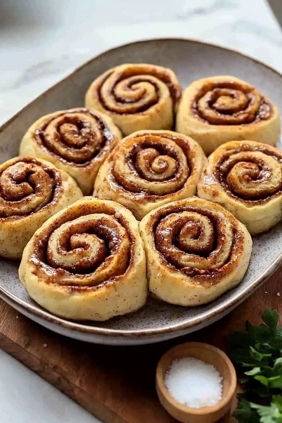 Vegane Zimtschnecken mit Zimt und Zucker, frisch gebacken auf einem Teller.