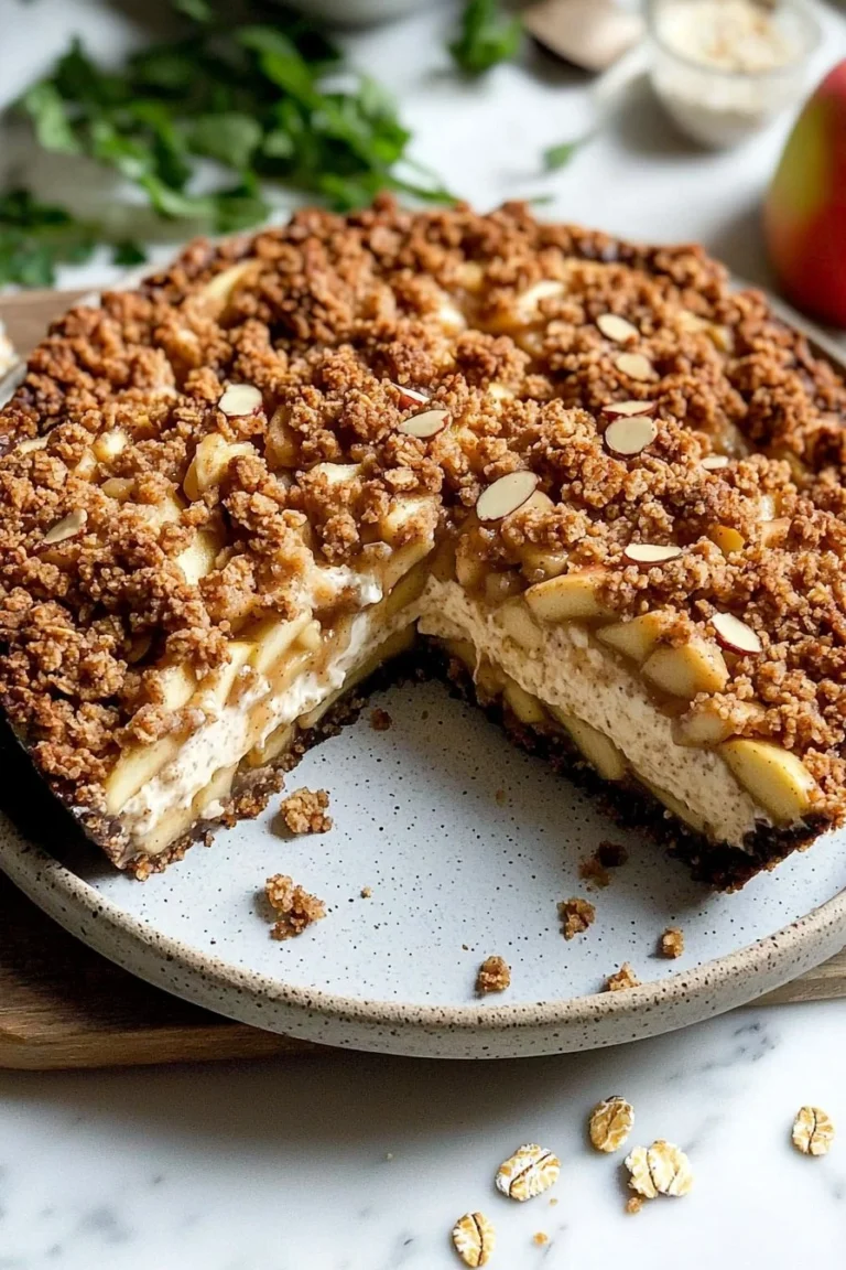 Veganer Apfel-Crumble-Käsekuchen mit frischen Äpfeln und knuspriger Streuseldecke