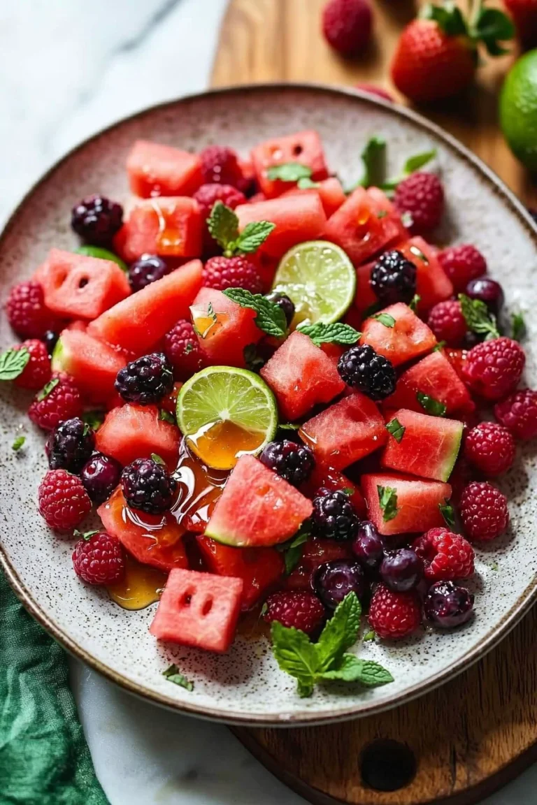 Erfrischender Wassermelonenfruchtsalat mit Beeren und Limetten-Dressing