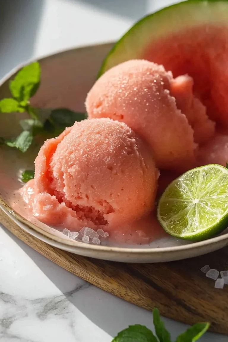 Selbstgemachtes Wassermelonensorbet in einer Schüssel mit frischer Wassermelonenstücken