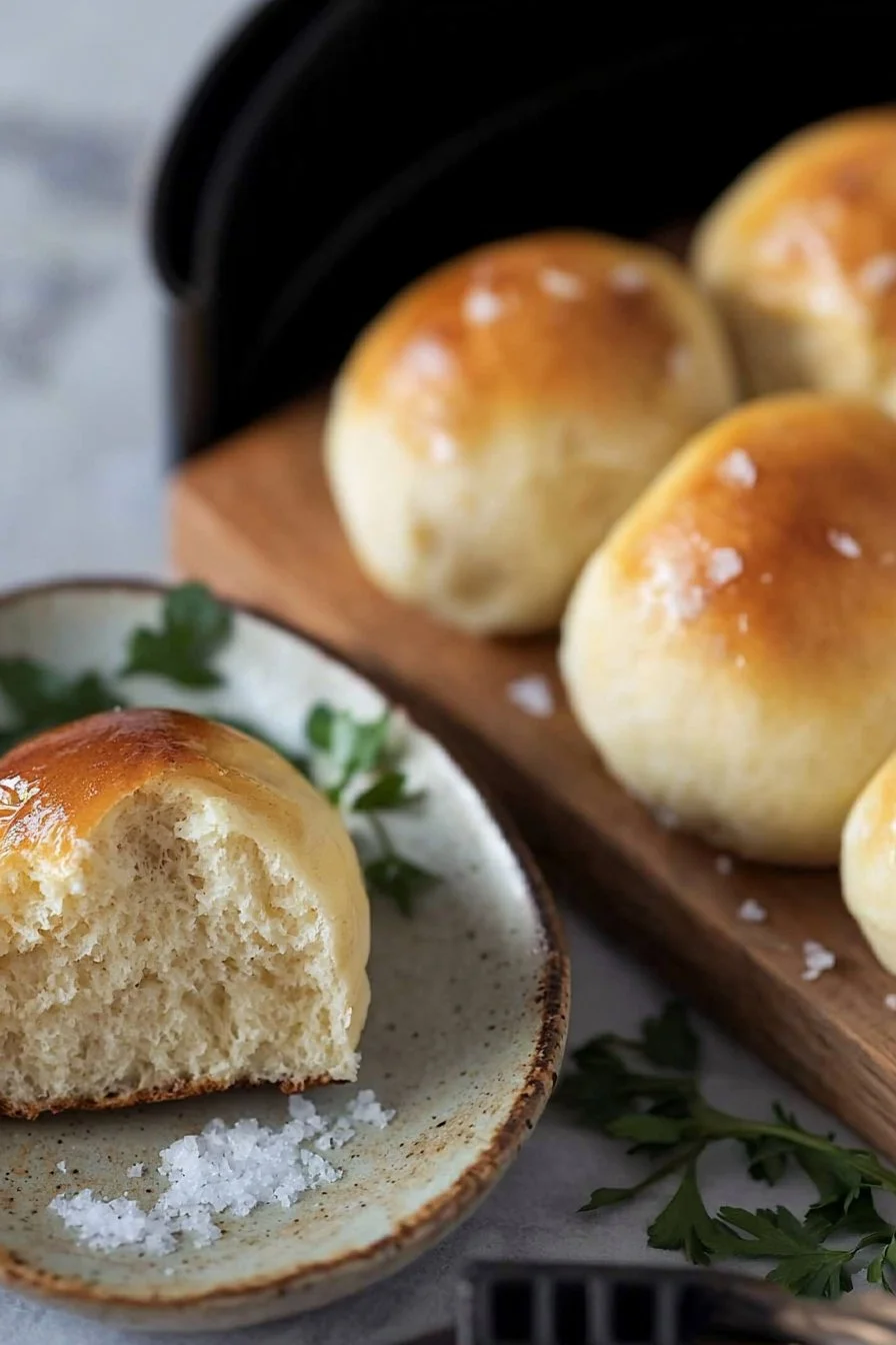 Weiche Luftfritteusen-Brötchen frisch aus der Luftfritteuse, knusprig und fluffig