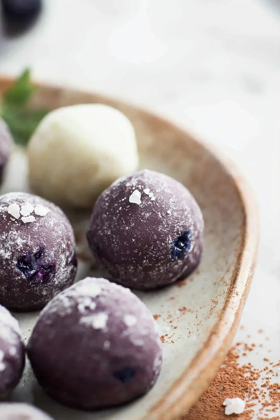 Weiße Schokoladen-Blaubeer-Trüffel - köstliche Schokoladenspezialität mit Blaubeergeschmack.