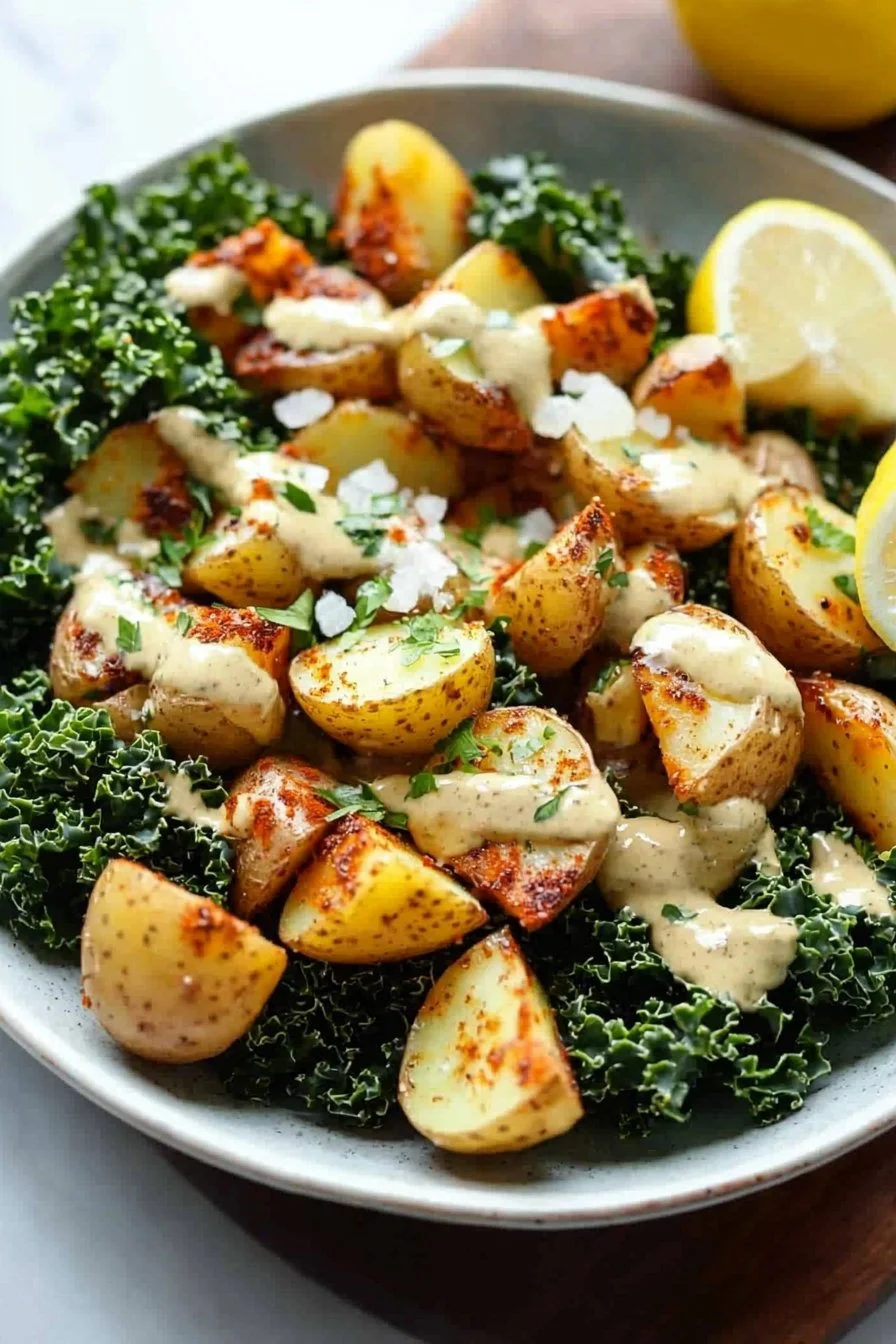 Würzige Kartoffel-Kale-Bowls mit Senf-Tahini-Dressing auf einem Teller serviert.