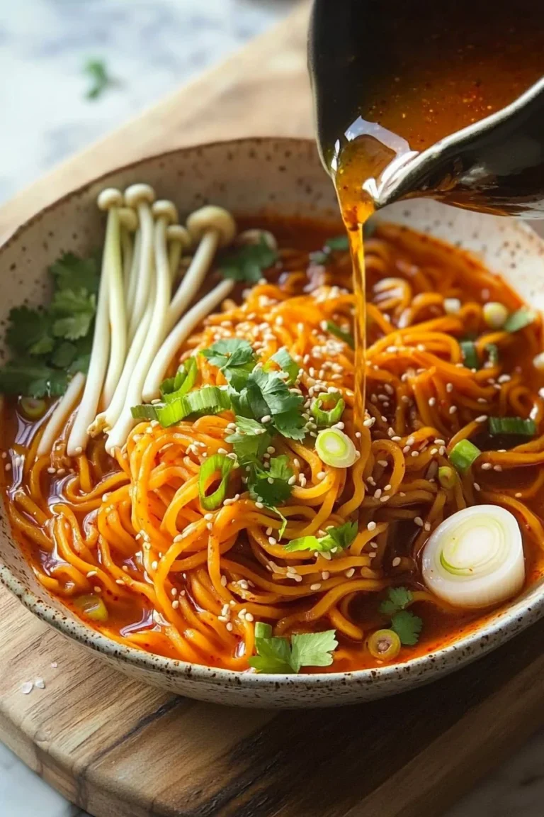 Schüssel mit würziger koreanischer Pfeffernudelsuppe, garnished mit frischen Kräutern