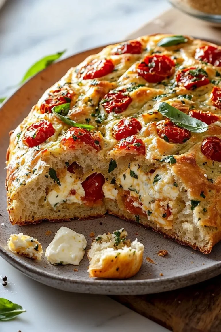 Zergehendes Tomaten-Basilikum-Brot mit Mozzarella auf einem Holzbrett