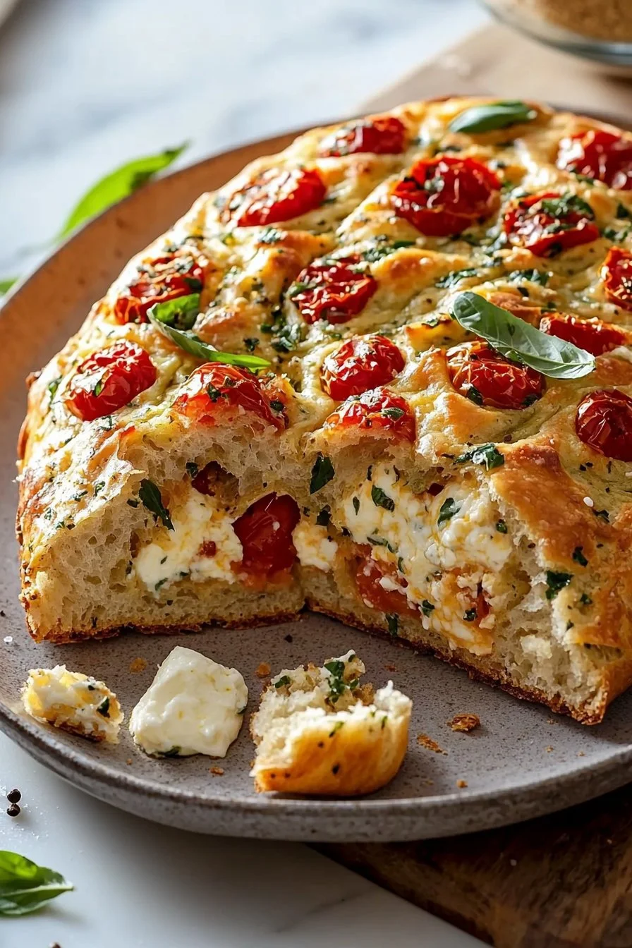 Zergehendes Tomaten-Basilikum-Brot mit Mozzarella auf einem Holzbrett