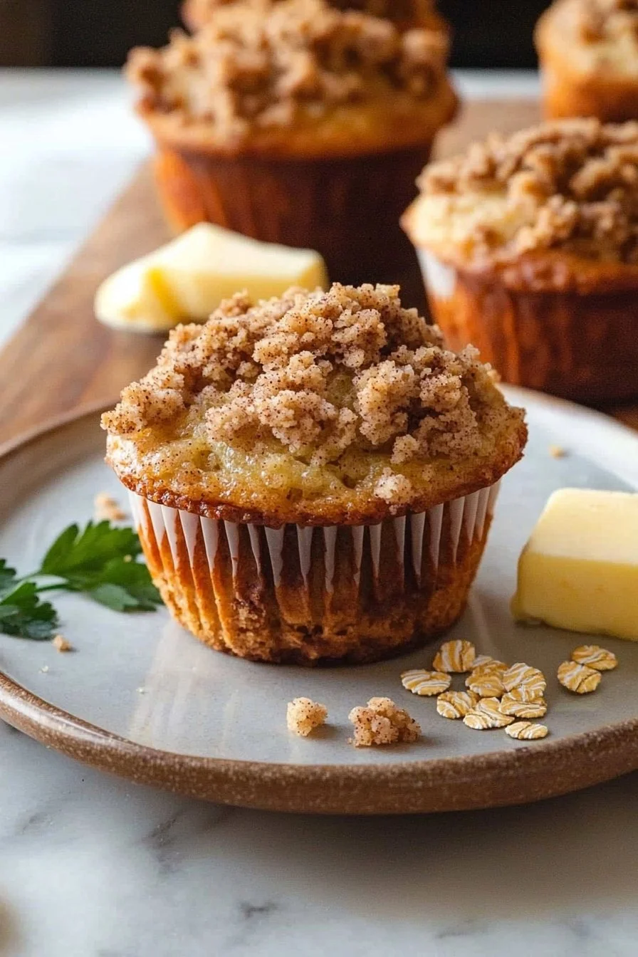 Frisch gebackene Zimt Streusel Muffins auf einem Teller mit Zimtstangen