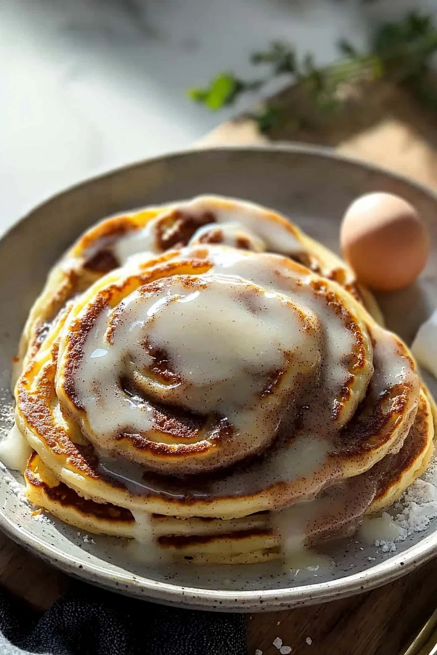Delizierte Zimtschneckenpfannkuchen auf einem Teller mit Zimt und Zucker verziert.