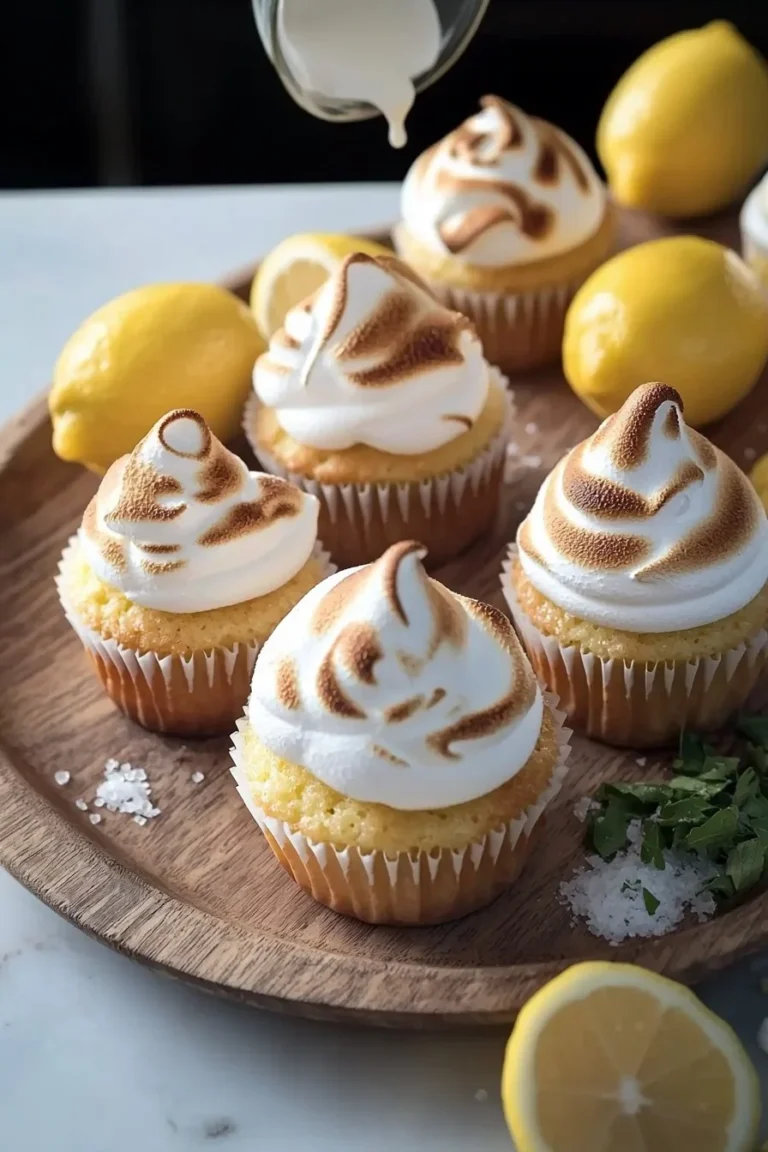 Zitronen-Baiser-Cupcakes mit fluffy Baiser-Topping auf einem Teller
