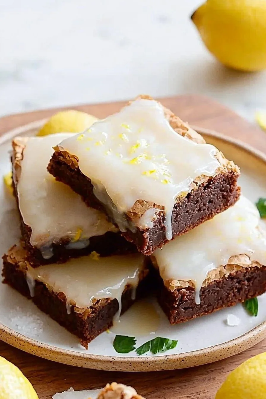 Zitronenbrownies mit erfrischender Zitronenglasur auf einem Teller.