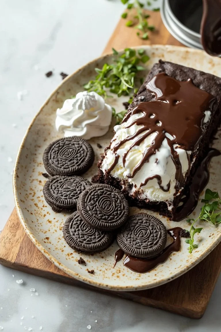 4-Zutaten Schokoladenkeks-Eis Kuchen auf einem Teller