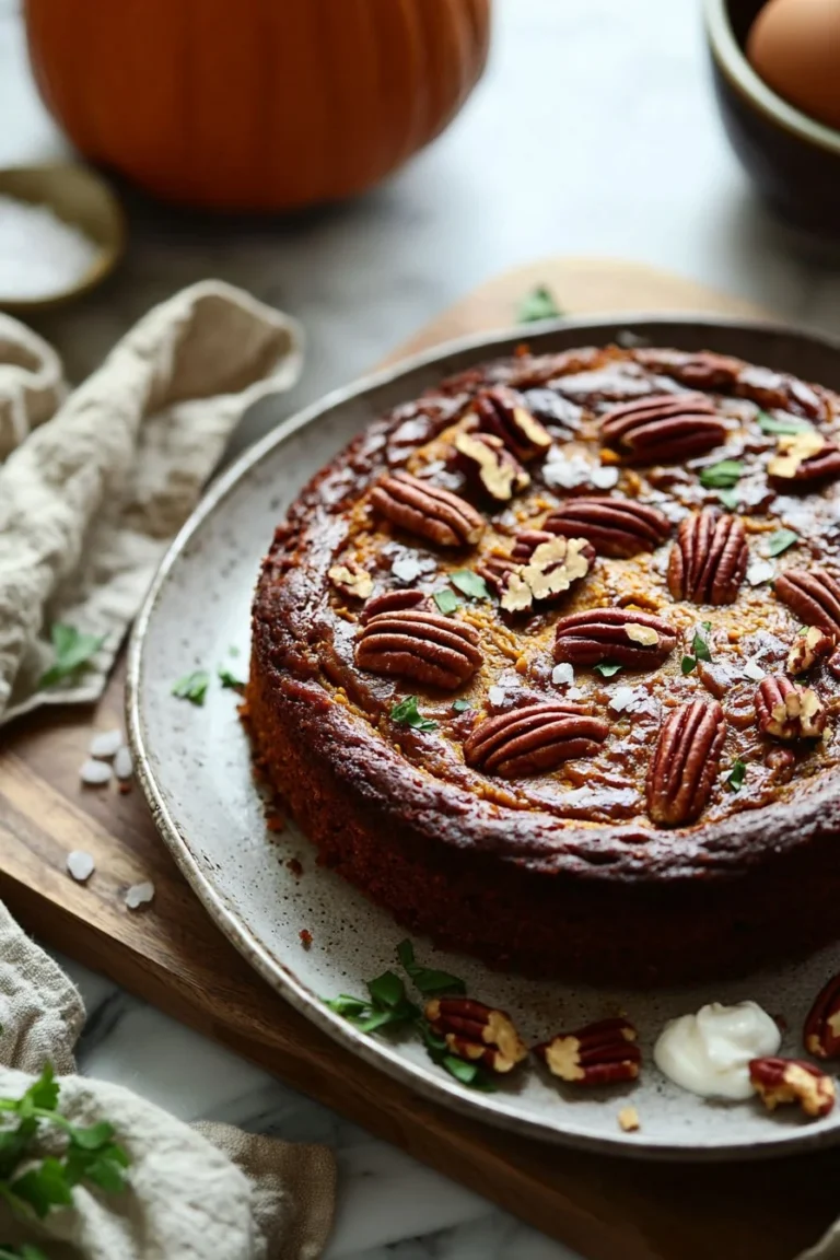 Ahorn-Pekan-Kürbis-Joghurt-Kuchen auf einem Teller, dekoriert mit Pekannüssen.