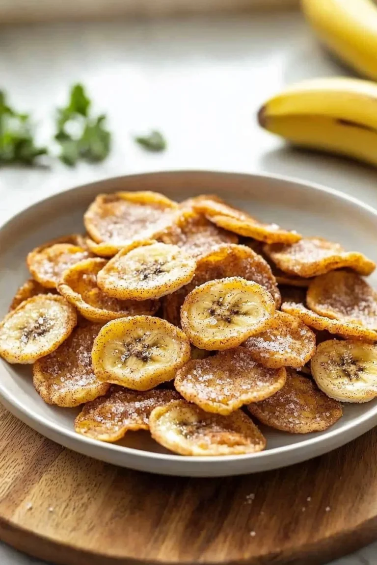 Köstliche Zimt-Zucker-Bananenchips aus dem Air Fryer auf einem Teller serviert.