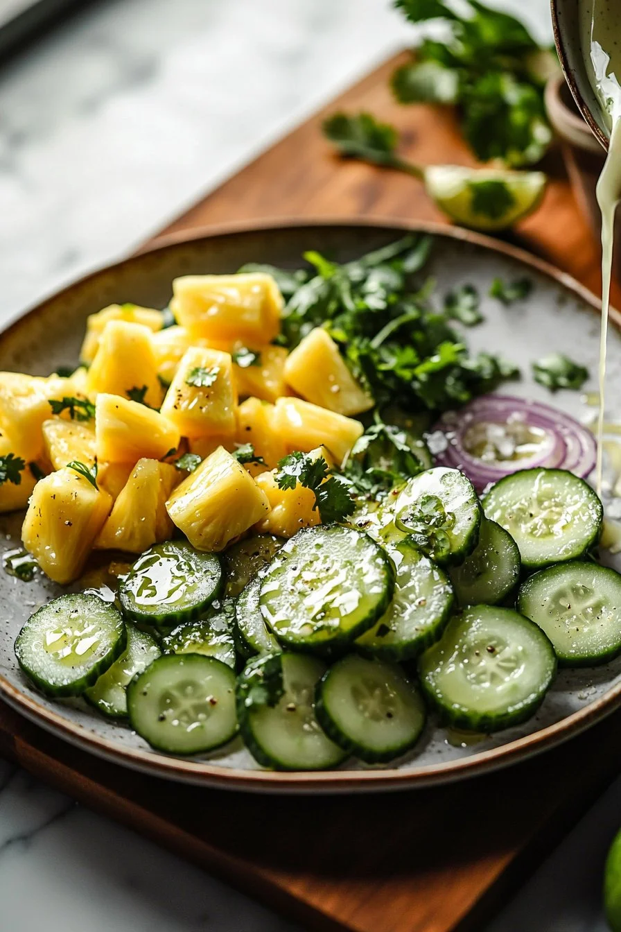 Leckerer Ananas-Gurken-Salat in einer bunten Schale serviert.