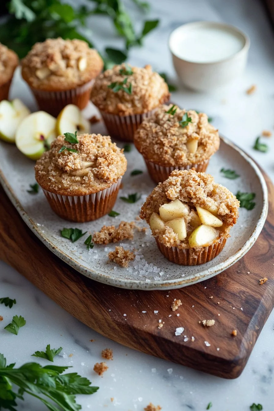 Apfelmuffins mit Streuseln auf einem Tisch dekoriert.