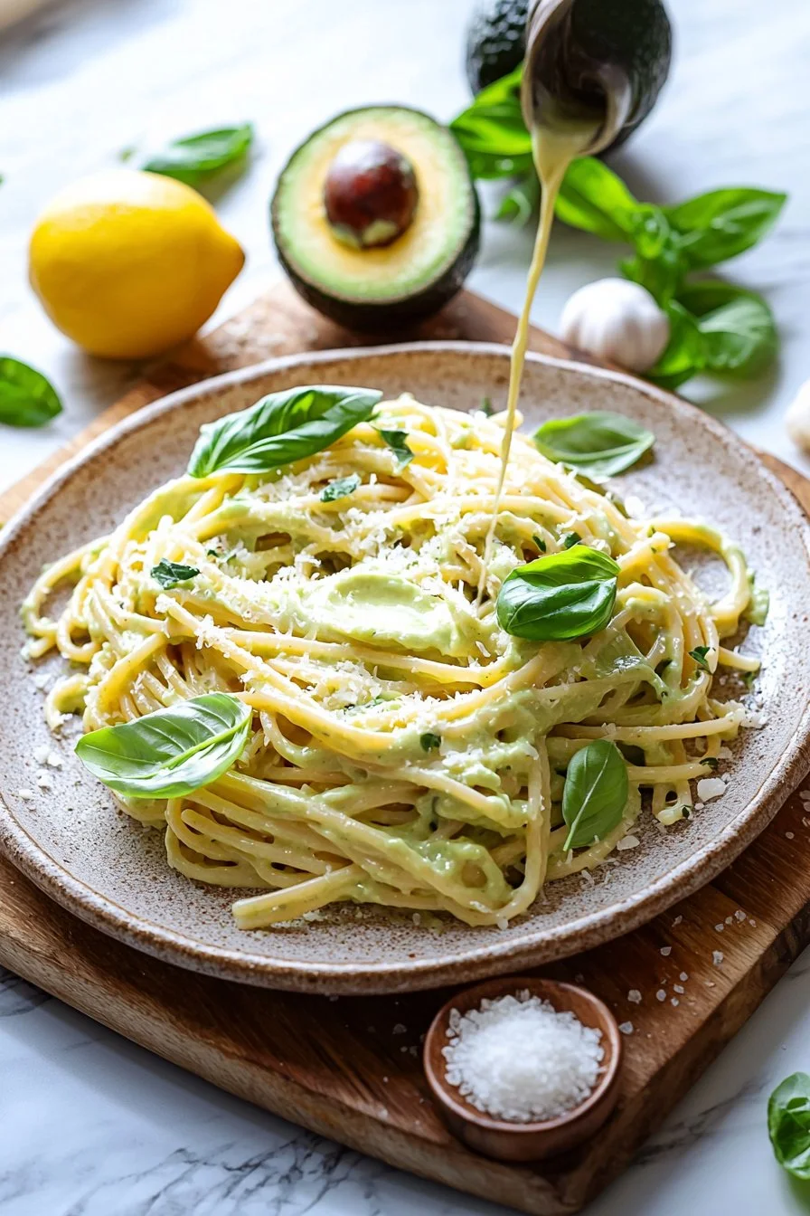 Schüssel mit Avocado-Creme-Pasta, garniert mit frischen Kräutern.